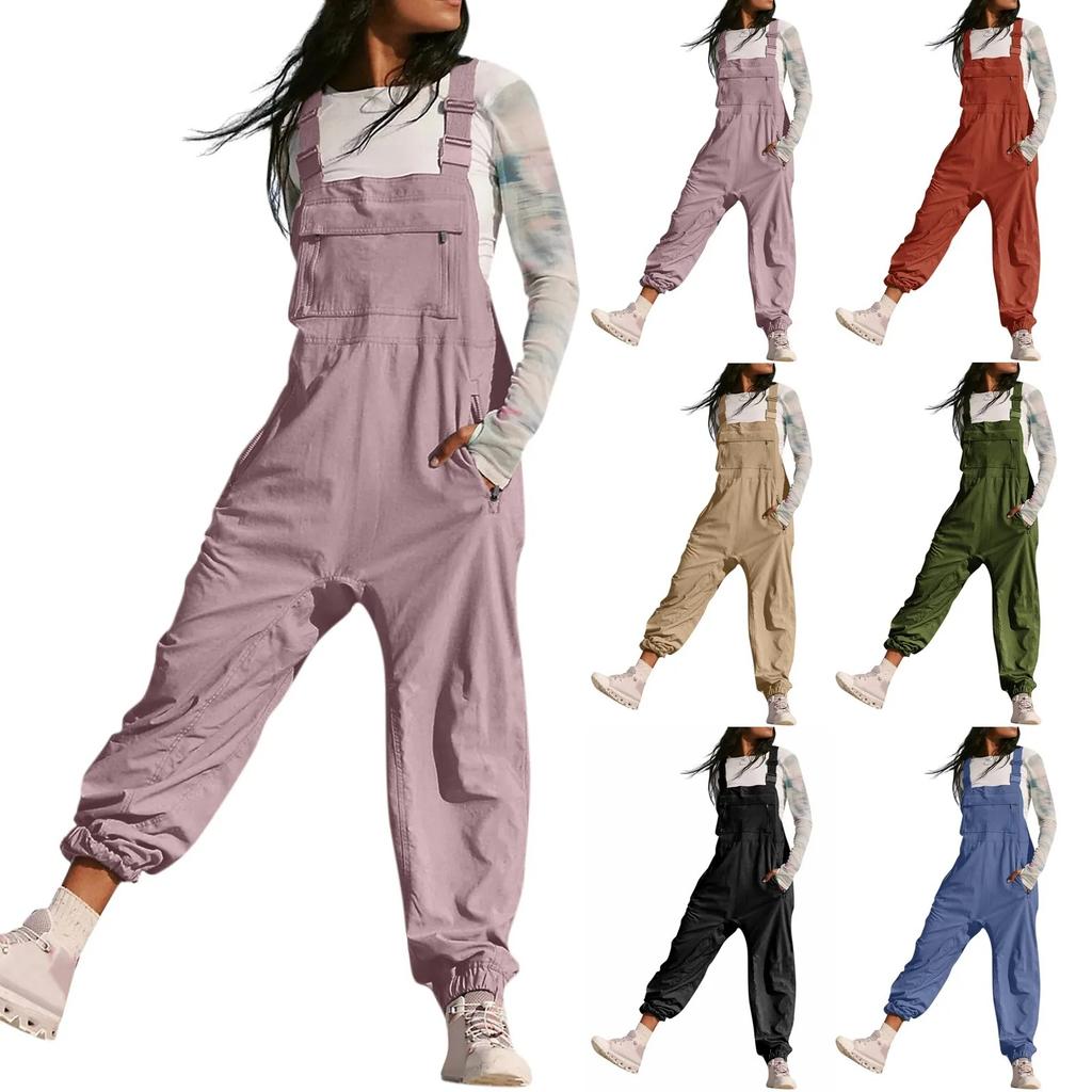 Women's Jumpsuits Summer Fashion Casual Loose Wide Leg Jumpsuits Solid Color Insert Pockets Retro Button Strap Jumpsuits
