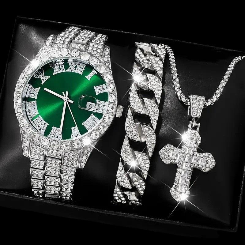 Men'S Hip-Hop Trendy Fashion Large Dial, Popular Diamond-Encrusted Cuban Chain Watch Set Yymy Watch