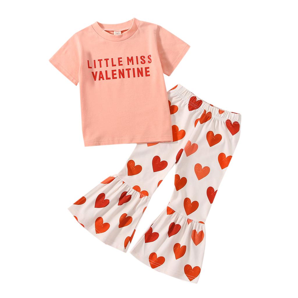 Valentine's Day Toddler Girls Clothes Set Letter Print Short Sleeve Crew Neck T-Shirts and Heart Print Flare Pants 2Pcs Suit