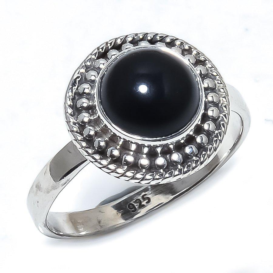 Натуральный Черный Оникс Драгоценный камень Ручной работы 925 Стерлинговое серебро Кольцо Размер 8 n0A41