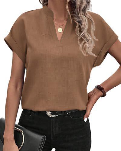 Women's V Neck Blouse Short Sleeve Linen Shirt Loose Fit Casual Summer Top