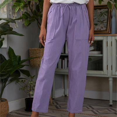 Летние хлопковые льняные брюки в стиле Харадзюку с высокой талией, женские капри-шаровары для женщин, мешковатые фиолетовые брюки на шнуровке, женские брюки