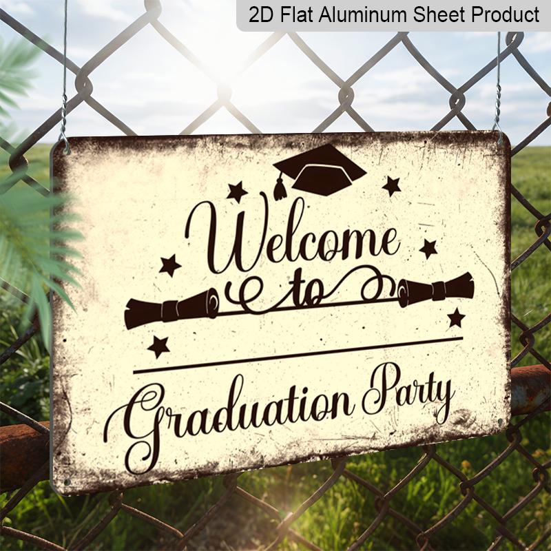 2D Flat, 1pc Vintage Graduation Party Aluminium Sign 8x12 Inch - "Welcome To Graduation Party" Quote, Grad Cap & Diploma Design, Distressed Beige