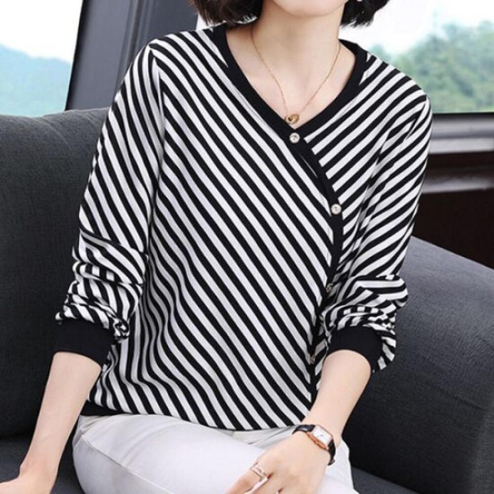 NaVaVa NT1407 Long SleeVe STripe BuTTon V Neck T shirT