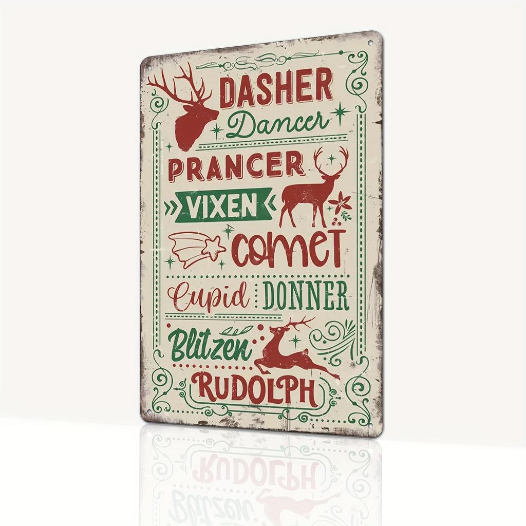 Vintage Christmas Reindeer Names Metal Tin Sign Retro Rudolph and Friends Holiday Wall Art Decor for Home Farmhouse Christmas De