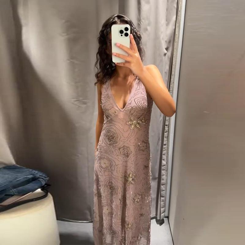 Сетчатое платье-слинг для женщин с V-образным вырезом, ромбами и оборками, длинные платья для женщин, без спинки, без рукавов, весна-лето, повседневное женское праздничное платье