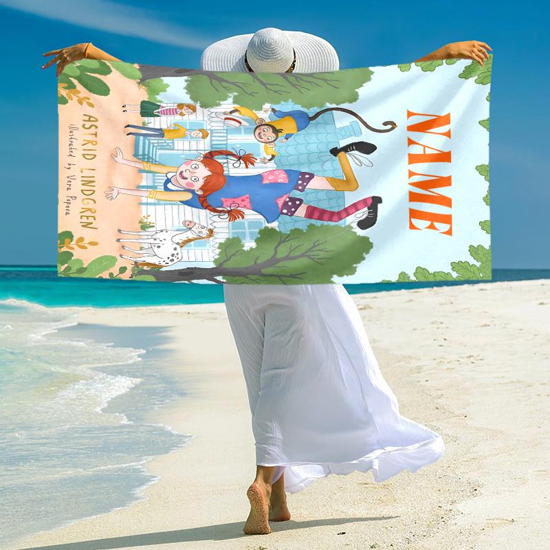 Personalized Pippi's Whimsical Journey Beach Towel Microfiber Beach Towel Thin Absorbent for Beach Swimming Yoga Bath Sports. 0910252