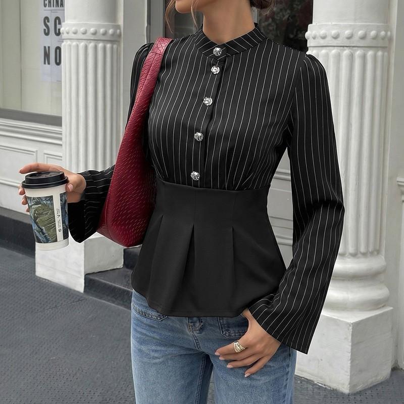 Womens Elegant Striped Wrap Waist Blouse Long Sleeve Office Shirt Slim Fit Professional Workwear 2026 Fall