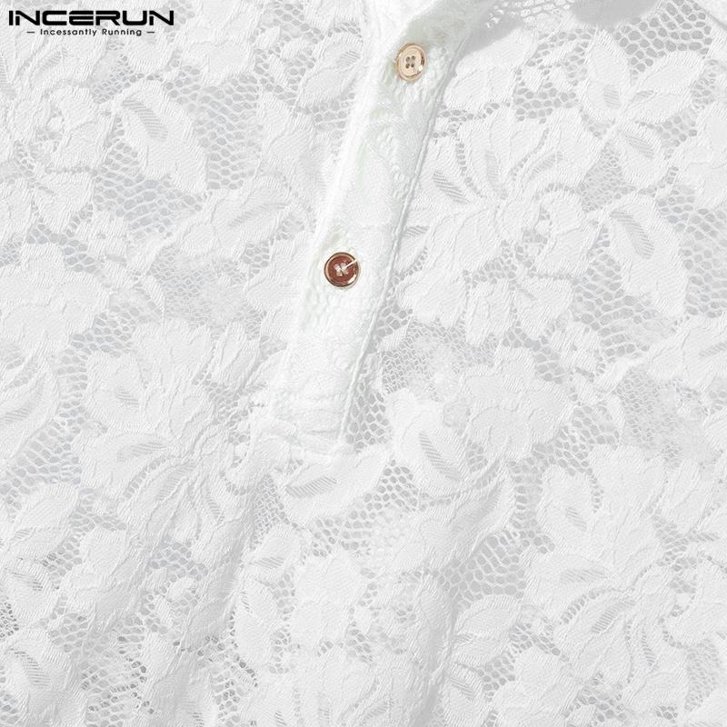 INCERUN Летние мужские кружевные сетчатые прозрачные футболки с коротким рукавом с лацканами и короткими рукавами