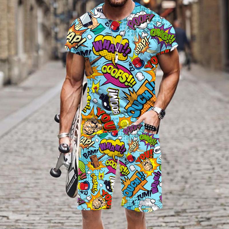 Летняя мужская футболка, комплект, забавная футболка с коротким рукавом в стиле хип-хоп, шорты, спортивный костюм из 2 предметов, красочный повседневный спортивный костюм, одежда унисекс