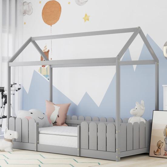 Children Bed Single Sturdy Construction High Stability Fence Design Mildew-proof Good Load-bearing Bedstead Anti-fall Smooth Surface Frame Wooden