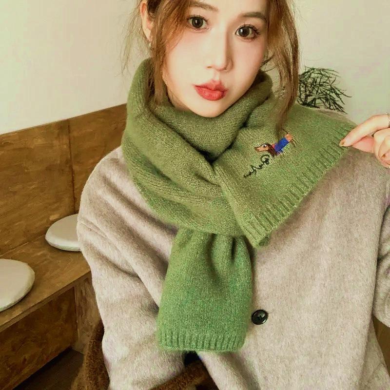 Korean Version with Wool Scarf for Women Winter New Versatile Solid Color Ins Scarf Beige Student Advanced Puppy Embroidery