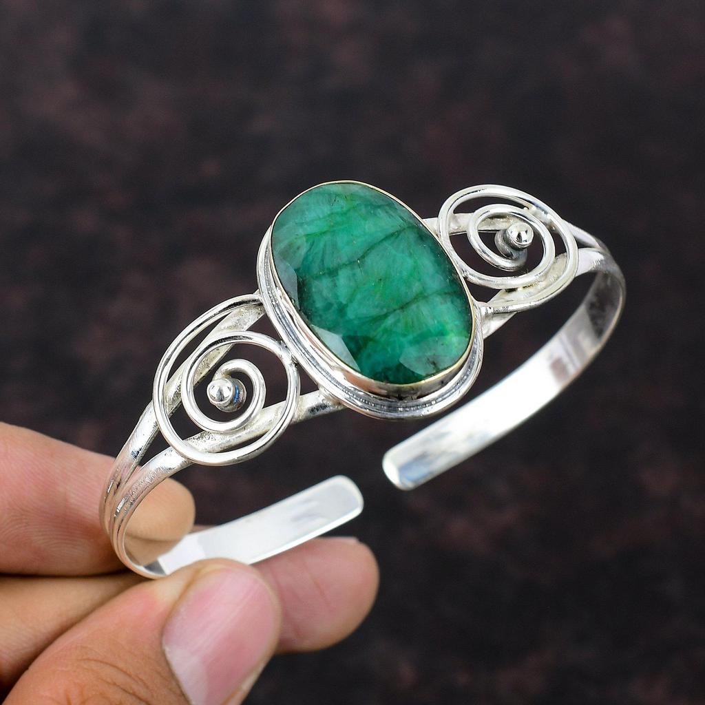 Faceted Zambian Emerald Cuff Bracelet 925 Sterling Silver Bangle Handmade Adjustable Bangle Gemstone Jewelry Gift For Women Brand New Bangle