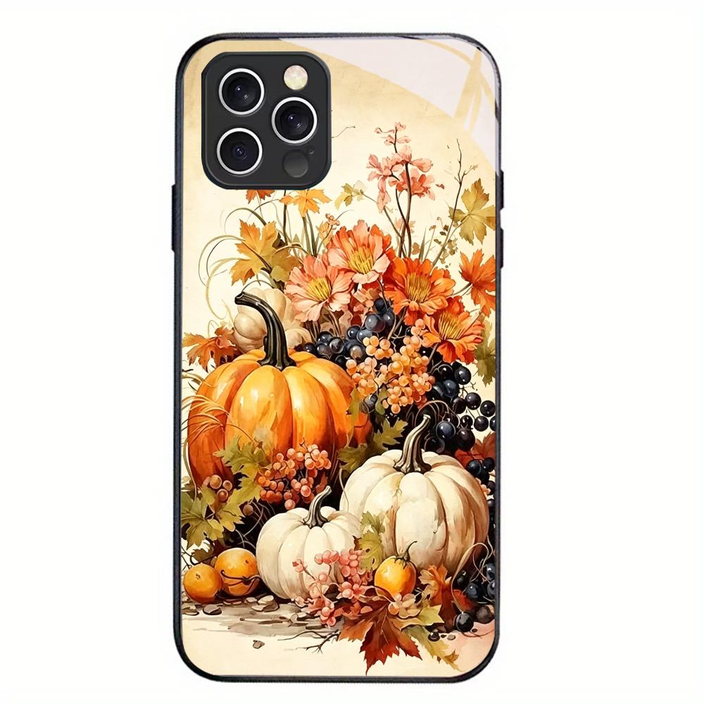 Autumn Pumpkin Black Glass Phone Case For iPhone 17 16 15 14 13 12 11 Pro Max Plus Soft Silicone Bumper Anti‑Knock Back Cover