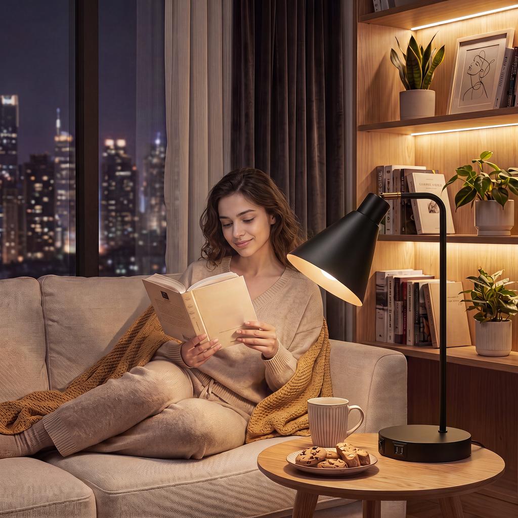 Set Of 2 Modern Table Lamps In Steel With USB Ports E27 Base Black