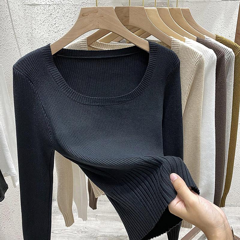 Модный короткий вязаный свитер с квадратным воротником для женщин, осень-зима, длинный рукав, рубашка, топ, однотонный простой пуловер, свитера, одежда 2576