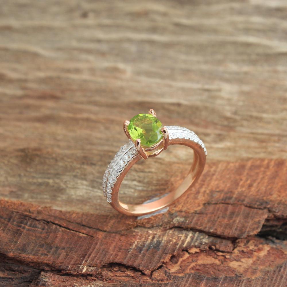 Кольцо с перидотом и цирконом, позолоченное розовым золотом, 100% стерлингового серебра 925 пробы, женское ювелирное кольцо с камнем по рождению
