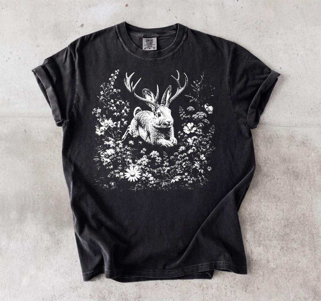 Jackalope Cottagecore Shirt and kids tshirt, Mythical Creature T-Shirt and kids tshirt, Floral Folk Art Tee, Nature Lover Gift