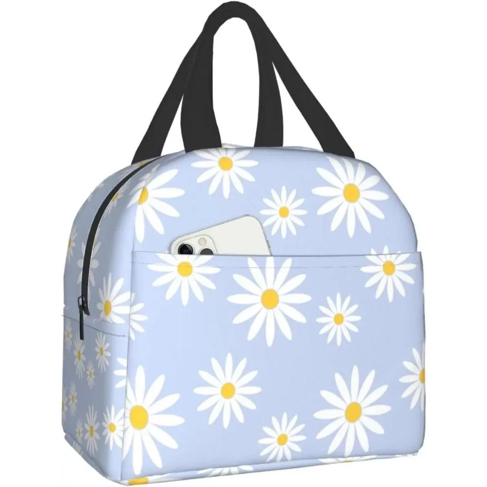 Черная сумка для ланча с цветком ромашки, маленькая термоизолированная коробка для ланча с передним карманом, кавайные сумки для ланча для девочек и мальчиков, замораживаемая коробка бенто