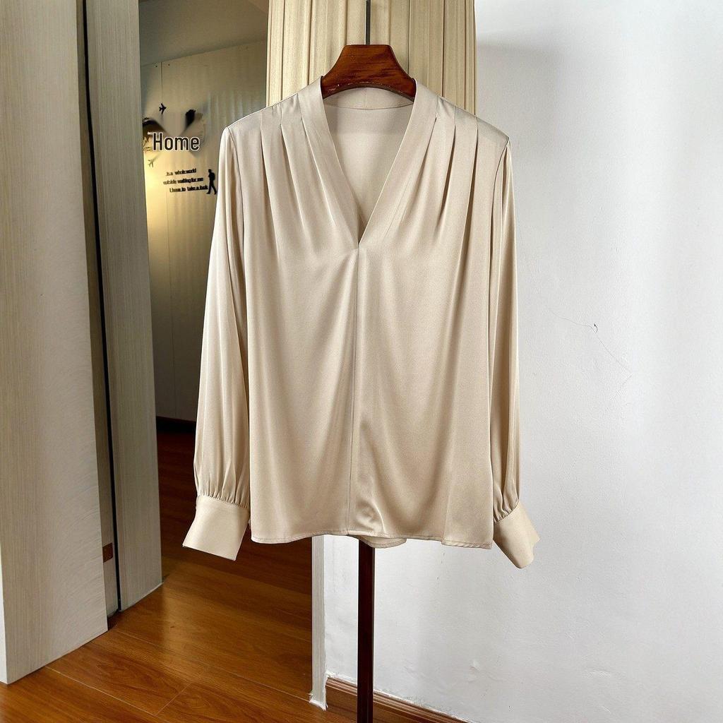 Женская элегантная шелковая рубашка-свитер с V-образным вырезом, длинный рукав, свободный крой, стройнящая, шелк-тусса, идеально подходит для весенне-летнего офиса.