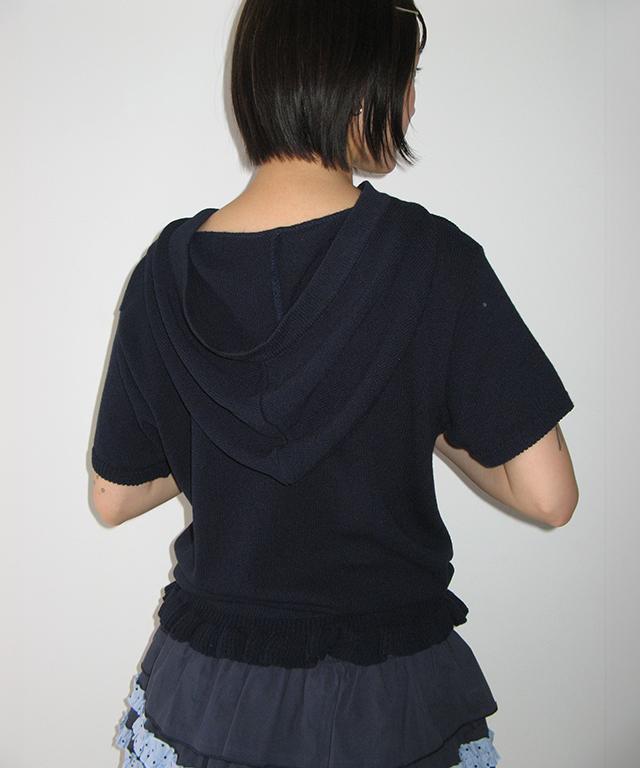 RONRON Button Hooded Frill Half Sleeve Knit Navy