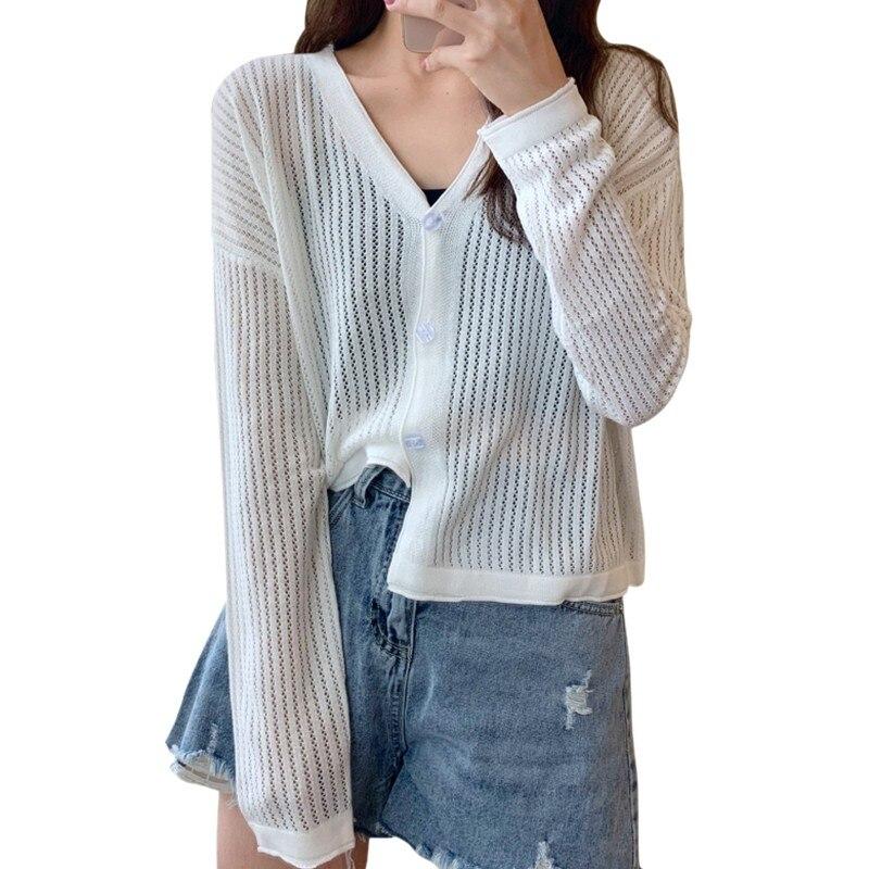 Женская футболка Футболки Liva Girl с v-образным вырезом Hollow All-Match Однобортный солнцезащитный кардиган Футболка Топы Vetements Femmes