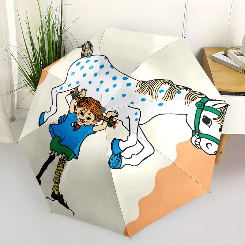 Pippi Longstocking, horse Automatic Opening and Closing, 8 rib Structure Portable Umbrella, Suitable for Men and Women in All Seasons Perfe