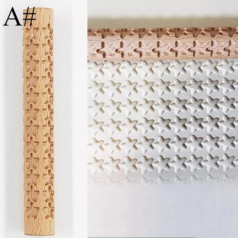 1pc Wooden Texture Rolling Pin Ceramic Pottery Art Embossed Rod Flower Pattern Mud Roll Roll Reliefs DIY Clay Craft Tool