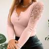 Women Spring Fall Top Slim Fit Button Closure Round Neck Hollow Out Lace Patchwork Long Sleeve Stretchy Solid Color Soft Pullover Lady T-shirt