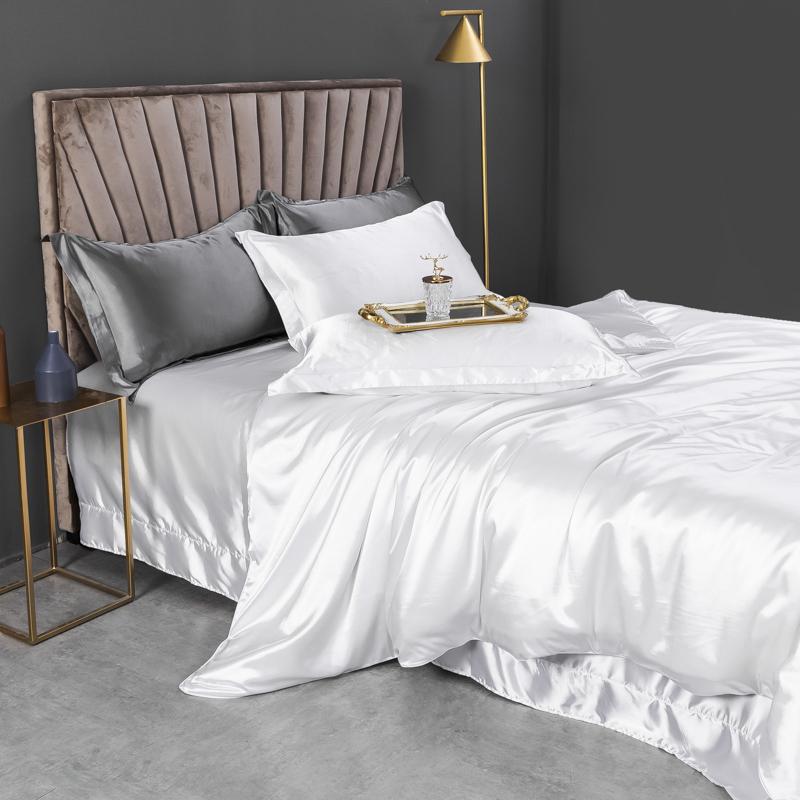 Solid Silk Bedding Set with Duvet Cover Bed Sheet Pillow Case Luxury Single Double Couple Rayon Satin Pillowcases Bedsheet