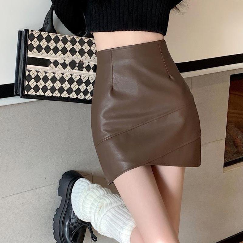 Коричневая кожаная юбка большого размера, женская летняя искусственная кожа, нерегулярная тонкая сумка с высокой талией, модная винтажная женская одежда Y2k