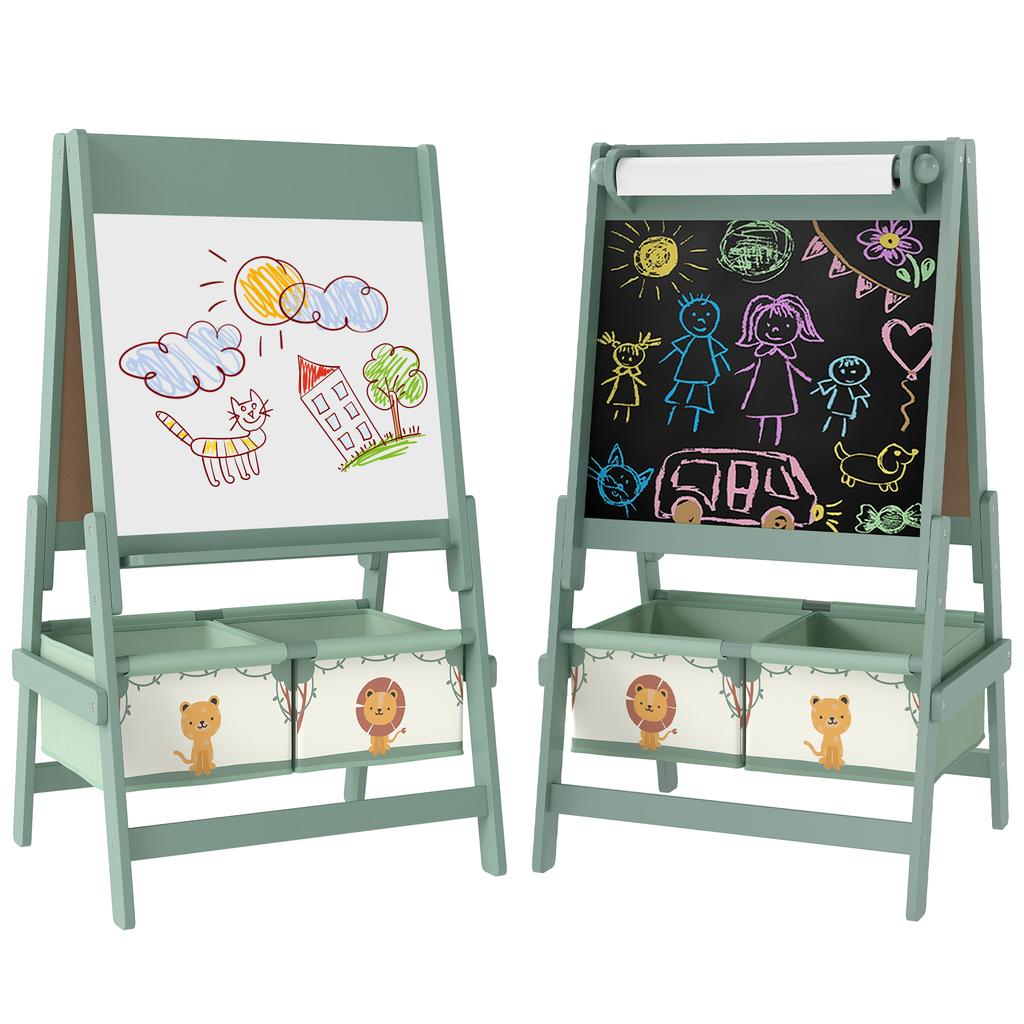 Art Easel for Kids, Double-Sided Whiteboard/Blackboard with Paper Roll, Two Storage Boxes, for Ages 3-8 Years, Green