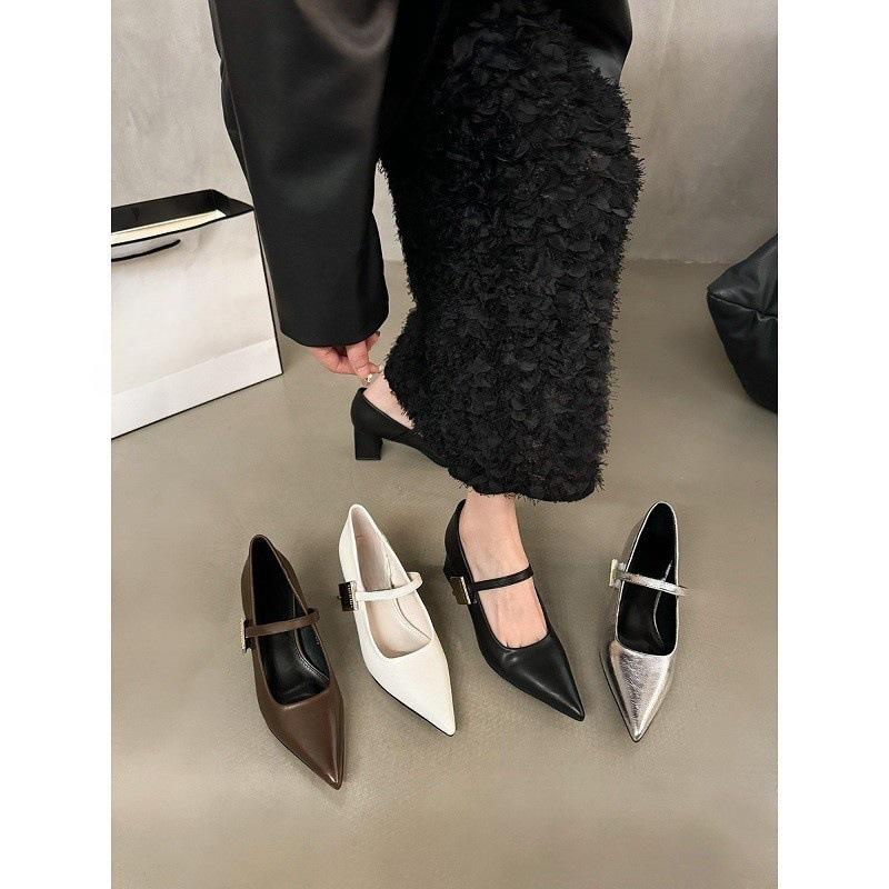 Заостренные серебристые туфли Мэри Джейн из мелкой кожи женские туфли с юбкой дизайн на среднем и высоком каблуке одинарные туфли