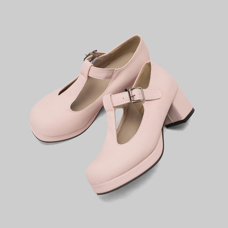 Женские туфли-лодочки на толстом высоком каблуке с круглым носком и Т-образной завязкой с пряжкой для вечеринки, лаконичная модная весенне-осенняя обувь, белый, синий, зеленый, фиолетовый