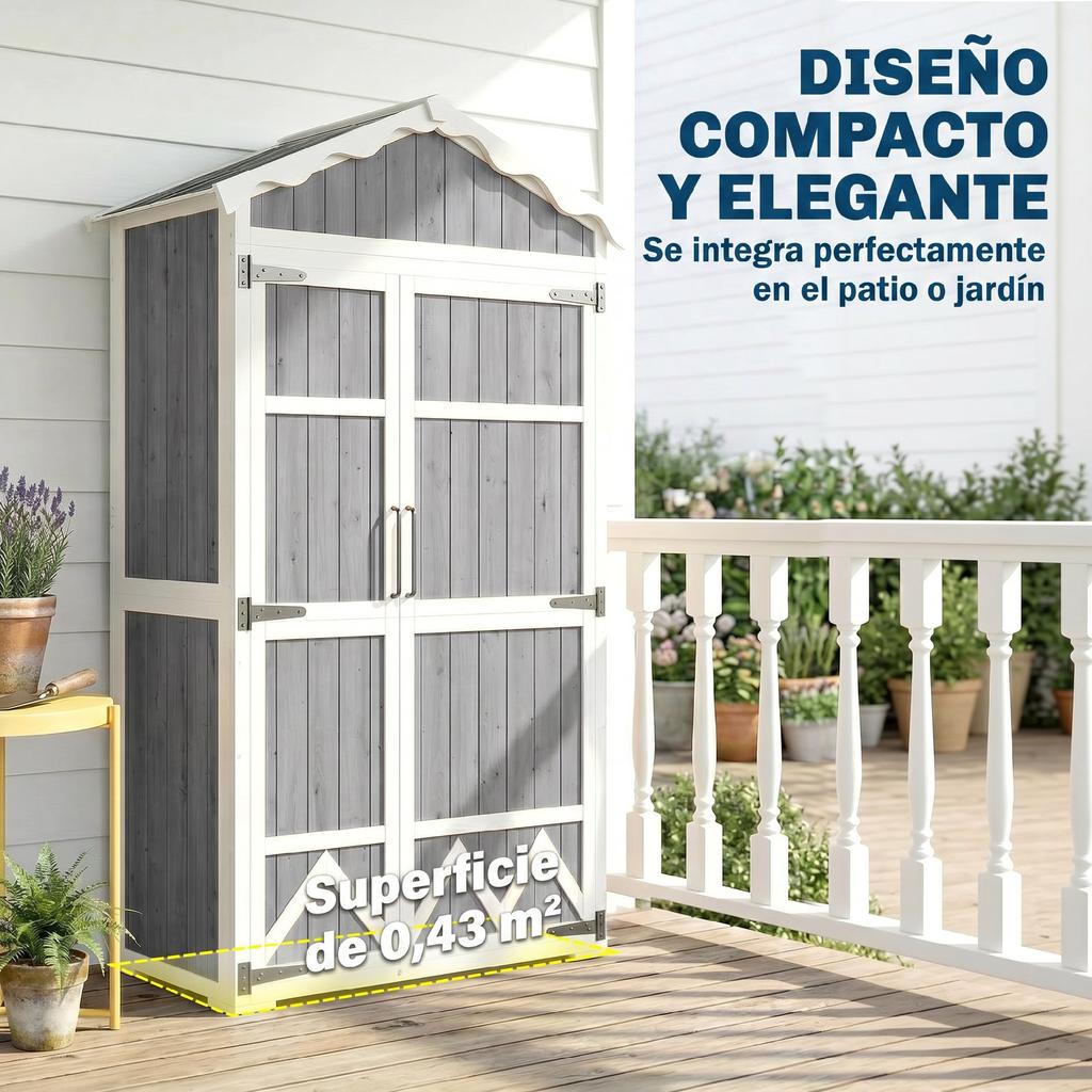 Wooden Garden Shed, 105 x 55 x 179 cm, Tool Cabinet, 4 Shelves, Galvanized Metal Roof, Grey