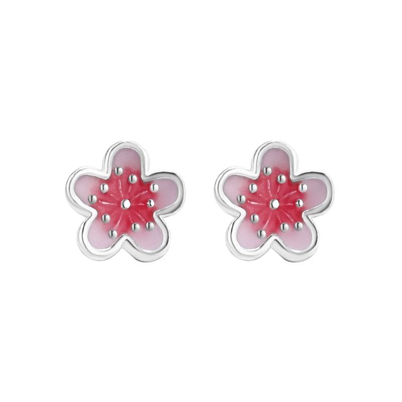 S999 Sterling Silver Pink Cherry Blossom Earrings for Women Sweet Screws Bead Earrings Simple Temperament Jewelry Gifts