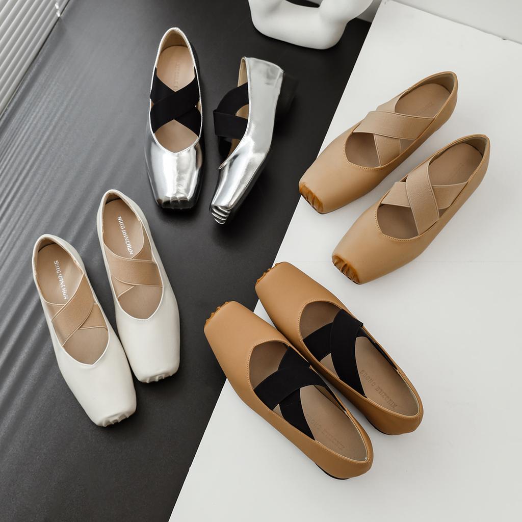 Leather Ballet Shoes Popular CMCMCM High Heel Comfortable Soft Sole Shallow Mouth Single Shoes Cross-tied Mary Jane Shoes