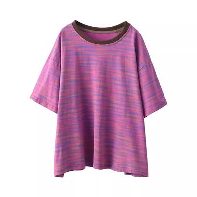 Новый стиль литературной ретро женской футболки с короткими рукавами летом свободный пуловер полосатый универсальный повседневный топ, закрывающий живот