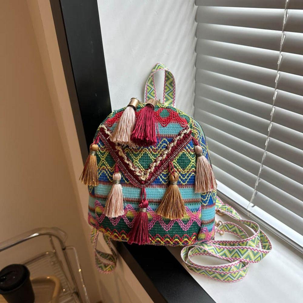 Stripe Ethnic Style Tassel Backpack Small School Bag Chinese Style Handbag Outdoor