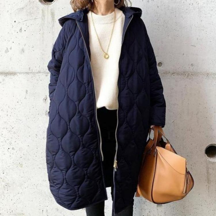 Women's Down Coats - Winter Women Jacket Hooded Mid Length Coat Loose Rhombus Texture Thin Padded Zip Up Long Sleeves For Work School Daily Fall
