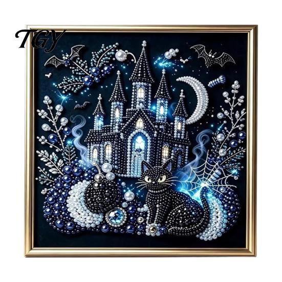 Educational Color Perception Toys Gothic Faux Pearl Art Kit, 3D Dark Evil Pumpkin Painting Handcrafted Home Wall Ornaments Spooky Castle Halloween DIY