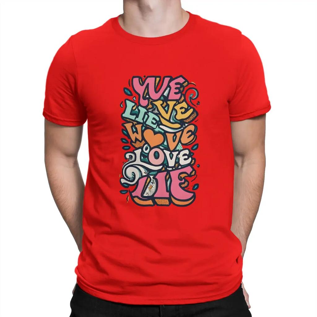 Creative We Live We Love We Lie Writing T-Shirt Men Crew Neck Pure Cotton Blue Cat Elf Short Sleeve Tee Shirt Original Clothes
