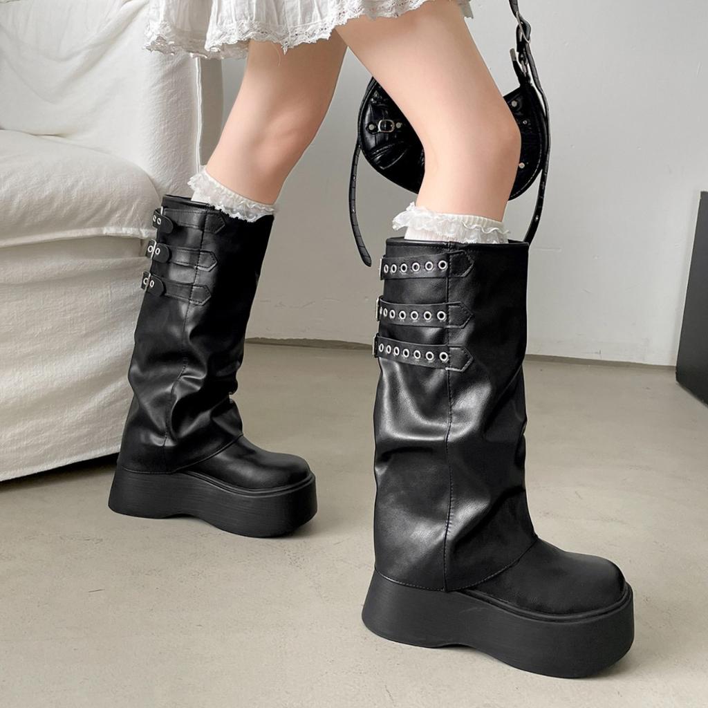Черные ретро премиальные ботинки на толстой подошве с увеличением роста женские 2025 новая летняя универсальная и тонкая брючная обувь рыцарские ботинки