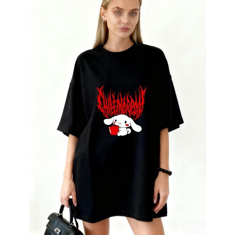 Oversized T Shirt Black Cute Bunny Holding Apple With Red Text Design For Casual Wear
