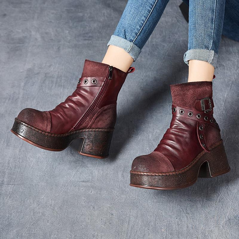Fashion GKTINOO Women Motorcycle Boots Genuine Leather 2025 New Zip Round Toe Women Shoes Sewing Handmade Retro Ankle Platform Boots