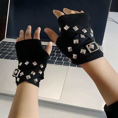 Черные перчатки без пальцев с ремешками на пряжках YK Перчатки горячей девушки Перчатки с ремешками-заклепками JK Девушка