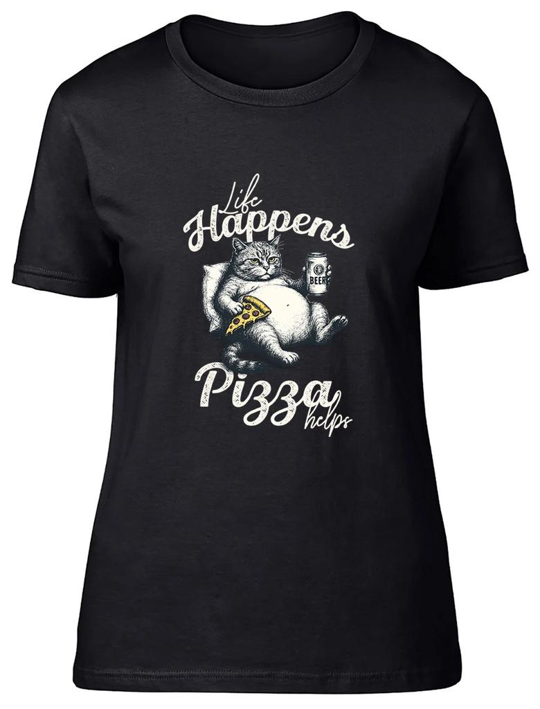 Funny Pizza Lover Life Happens Pizza Helps Womens T-Shirt Ladies Gift Tee