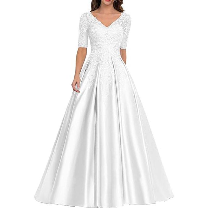 New evening dress lace V-neck short-sleeved long dress temperament party host new dress