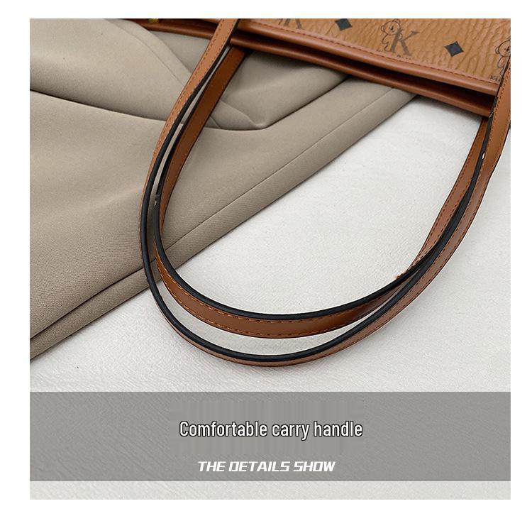 Women's High-Capacity Bear Print Tote Bag - Stylish Shoulder Handbag for Outings & Class