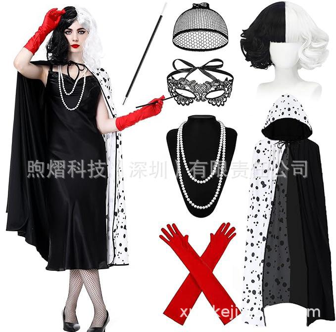 Cruella Cosplay Full Set with Cloak Cape & Wig, 101 Dalmatians Carnival Role Play Outfit